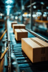 Poster - Cardboard Boxes Moving on Conveyor Belt in Factory Close Up Industrial Automation Logistics