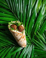 Aufkleber - Falafel wrap presentation on palm leaves background overhead shot fresh mediterranean cuisine vegan food healthy eating balanced diet