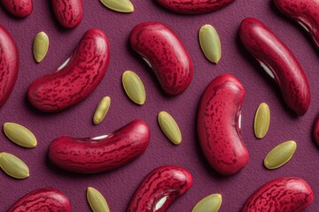 Poster - Kidney beans and pumpkin seeds flat lay on purple background studio shot overhead food photography