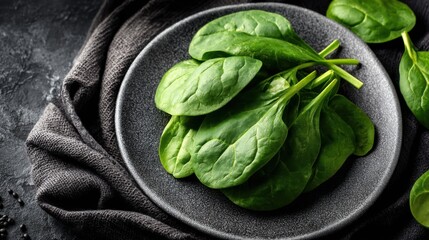 Poster - Fresh Spinach Leaves on Dark Plate Still Life Food Photography Close Up Healthy Eating Ingredient