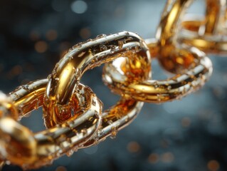 Poster - Close up of a lustrous golden chain with water droplets reflecting light in a studio setting macro shot