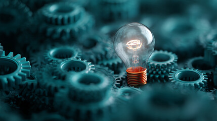 Poster - illuminated bulb among teal gears, symbolizing innovation, ingenuity, and problem-solving in a compl