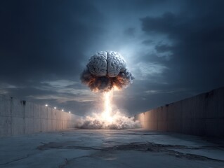 Poster - Brain explosion rising in dramatic cloudy sky, concept of mental power, creativity, innovation in surreal landscape