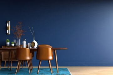 Leinwandbilder - Interior design of dining room with blue wall and wooden table and chairs in modern style, eye-level shot, studio