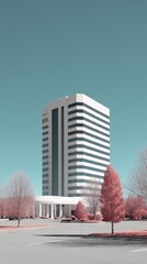 Poster - Minimalist architectural photograph of a modern office building with a parking lot and trees on a clear day in a surreal color palette