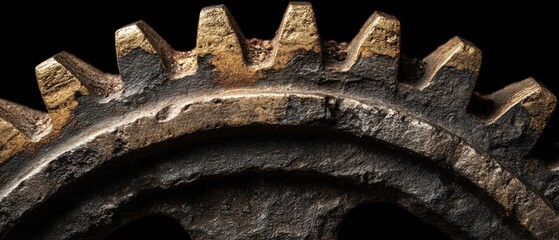 Poster - Close-up of a weathered golden gear, macro shot against a black background, emphasizing age, texture, and industrial feel