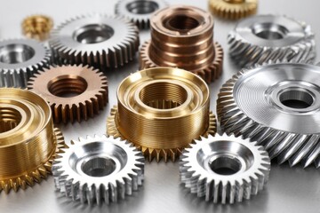Poster - Assorted Gears Close-Up on Metal Surface Showing Silver Gold and Bronze Metalwork in a Still Life Arrangement for Engineering Concepts