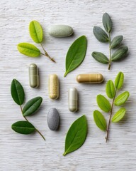 Poster - Herbal Supplements and Green Leaves Flat Lay on White Wood Background Wellness Concept Top Down View