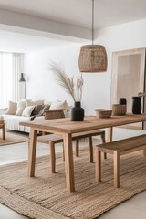 Leinwandbilder - Interior design of dining room with wooden table benches and jute rug in modern home setting neutral colors