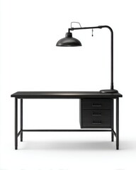 Leinwandbilder - Dark wooden desk with lamp studio shot on white background minimalist workspace furniture design interior home office study table drawers