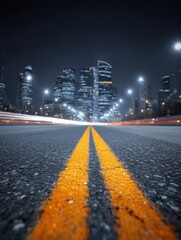 Poster - Cityscape at night with highway leading to skyscrapers long exposure photography urban scene