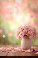 Poster - Pink roses in vase on wooden table with blurred background in studio setting for romantic spring or summer theme