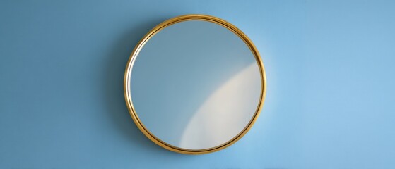 Aufkleber - Minimalist Round Gold Mirror Hanging on Blue Wall in Modern Home Interior Decor Still Life Close Up Shot