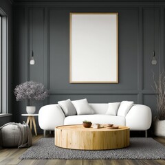 Leinwandbilder - Interior design of modern living room with white sofa and round wooden table minimalist style blank frame on wall