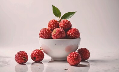 Poster - Bowl of red limes with a leaf on top. The bowl is white and the limes are arranged in a way that they look like they are ready to be eaten. Concept of freshness and healthiness