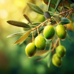 Poster - Close-up of fresh green olives hanging on a branch with leaves in soft sunlight, studio shot, food photography, Mediterranean agriculture
