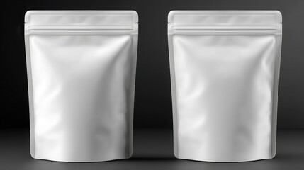 Poster - Two Blank White Stand Up Pouches Mockup Studio Shot on Dark Background Packaging Template Design for Food Products
