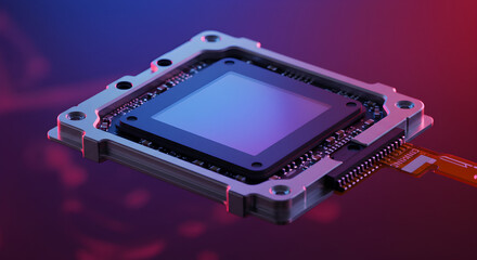 Poster - Close Up of Square Microchip with Silver Frame on Gradient Blue to Purple Surface with Electronic Components and Orange Wire