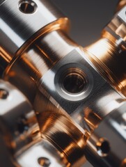 Poster - Close Up of Shiny Metal Connector with Holes and Threads in Warm Light Industrial Detail