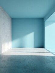 Poster - Empty blue room interior with concrete floor and white wall sunlight streaming in minimalist architectural design clean space
