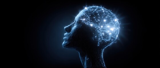 Fototapete - AI Brain Network in Profile View - Digital Intelligence Concept with Glowing Connections and Nodes on Black Background