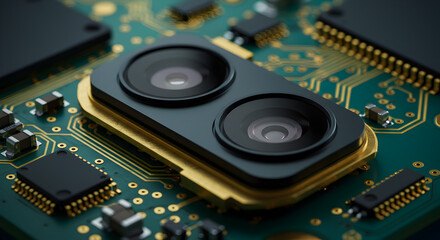 Poster - Detailed Dual Lens Camera Module on a Green Circuit Board with Golden Traces and Electronic Components