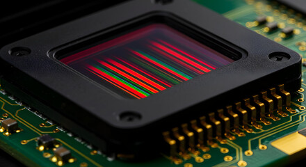 Poster - Detailed Macro of Electronic Sensor in Black Housing on Green Circuit Board with Gold Pins Technology Component
