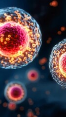 Poster - Colorful biological cells with glowing nuclei in a dark abstract environment