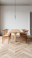 Aufkleber - Minimalist dining room with wooden table and chairs in bright interior design studio shot