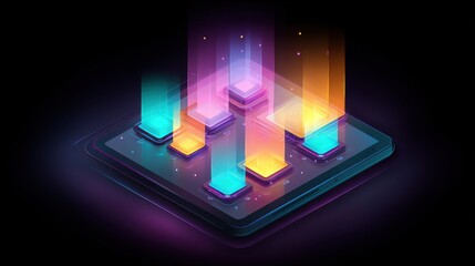 Fototapete - Isometric Data Processing on Tablet with Glowing Columns in Dark Room High Angle Digital Illustration