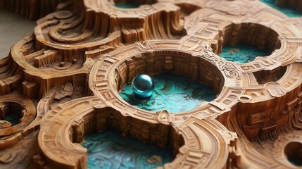Poster - maze adventure with a marble rolling through levels filled with intricate designs and hidden exits