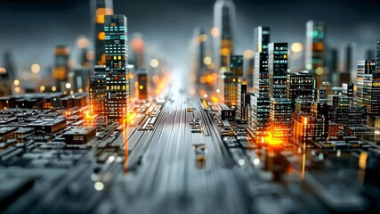 Poster - Blurred futuristic data highway with glowing orange particles flowing between towering digital buildings, evoking high-speed connectivity