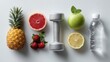 © Chandlerlikes - A collection of healthy lifestyle essentials like fruits, weights, and water, styled on a white background