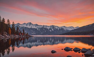 Poster - Beautiful mountain lake with a sunset in the background. The sky is filled with clouds and the sun is setting. The lake is calm and peaceful, with trees surrounding it. The scene is serene and