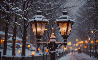 Poster - Street lamp with snow on it is lit up in the snow. The street is lit up with lights and people are walking on the sidewalk. The scene is peaceful and serene, with the snow creating a beautiful and