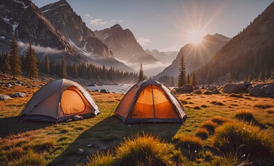 Poster - Two tents are set up in a grassy field with mountains in the background. The sun is shining brightly, creating a warm and inviting atmosphere. Concept of adventure and relaxation