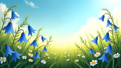vivid illustration of bluebell flowers blooming in a meadow under a clear sunny sky
