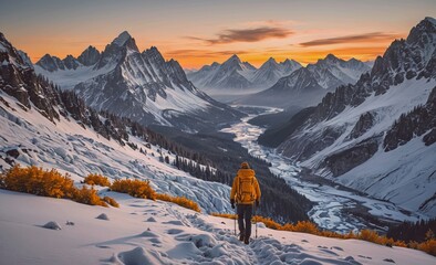 Poster - Man in a yellow jacket is walking on a snowy mountain trail. The mountains in the background are covered in snow and the sky is a beautiful orange and pink color. Concept of adventure and exploration