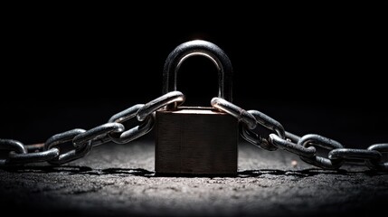 A heavy-duty steel padlock with a shiny surface secured to a chain, under direct light for emphasis