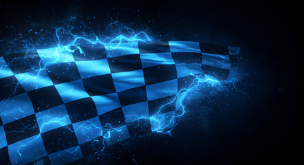 Poster - Checkered Flag with Blue Particles Waving Against Black Backdrop Representing Racing Finish Line and Digital Design