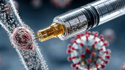Poster - Photorealistic illustration of a syringe injecting fluid into microscopic cells, symbolizing medical research or vaccine development