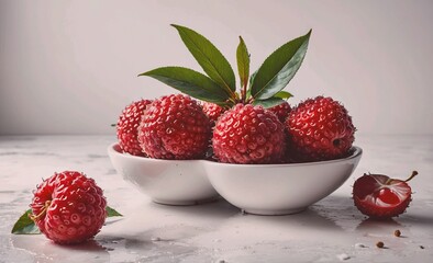 Poster - Bowl of red fruit with a leaf on top. The fruit is ripe and ready to eat