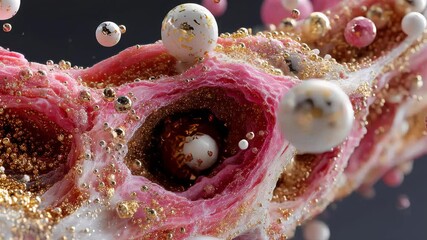 Poster - Abstract microscopic representation of vascular tissue filled with glossy orbs and golden particles, resembling an artistic fusion of biology and precious materials