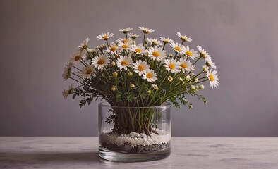 Poster - Vase of white flowers sits on a table. The flowers are in a glass vase and are arranged in a way that makes them look like they are growing out of the vase. The vase is filled with rocks and sand