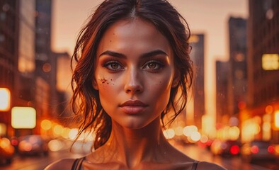 Poster - Woman with brown hair and green eyes stands in front of a city skyline. The image has a warm, inviting mood, with the woman's smile and the bright colors of the sunset