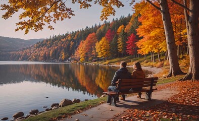 Poster - Couple is sitting on a bench by a lake, enjoying the autumn scenery. The trees are full of red leaves, and the water is calm and reflective. Scene is peaceful and romantic