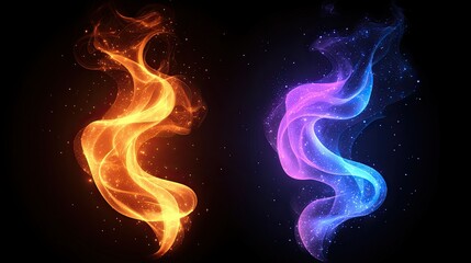Poster - Two abstract flame shapes one orange and one purple with sparkles on a dark black background design