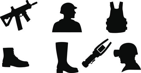 Fototapete - Black Silhouette Vector Set: Special Forces Soldier and Items