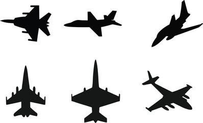 Fototapete - Set of six Black Silhouette Vector Military Aircraft: Fighter Jet Focus