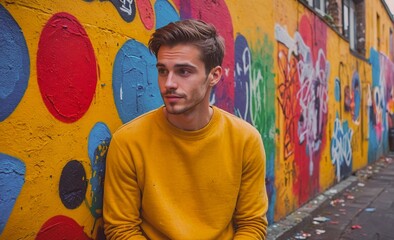 Aufkleber - Man in a yellow shirt sits on the sidewalk in front of a colorful wall. The wall is covered in graffiti, and the man is looking at the wall. The scene has a somewhat urban and edgy vibe